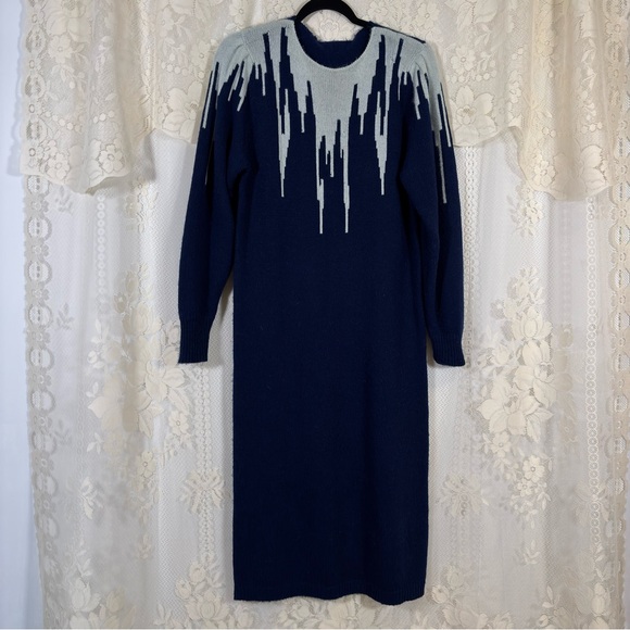 Vintage 80s Knit Sweater Dress Navy Blue Grey Long Sleeve Belted Size Medium - Picture 2 of 9